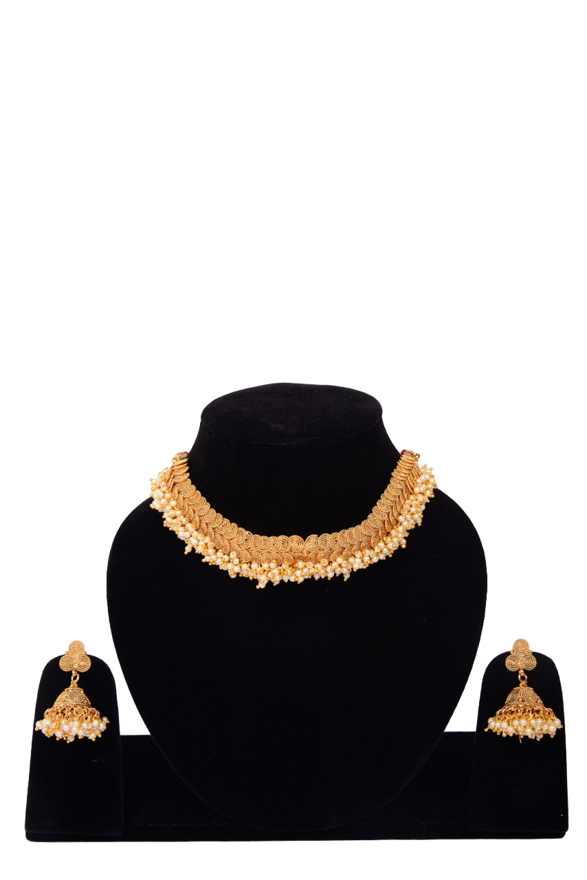 Namokriti Royal Gold-Plated Pearl Choker Set with Jhumkas – Perfect for Weddings & Festive Glam